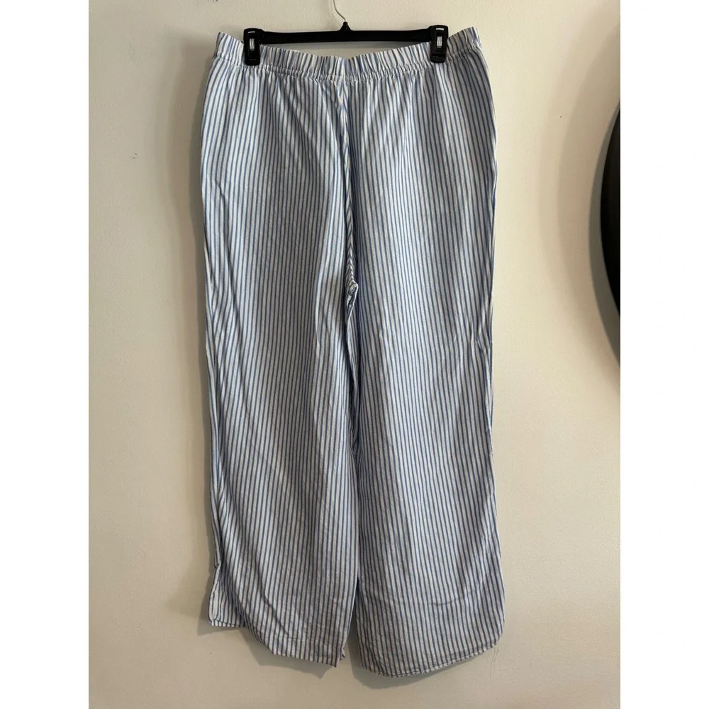 H&M Linen Blend Striped Wide Leg Pants Womens XL Blue White Drawstring Coastal